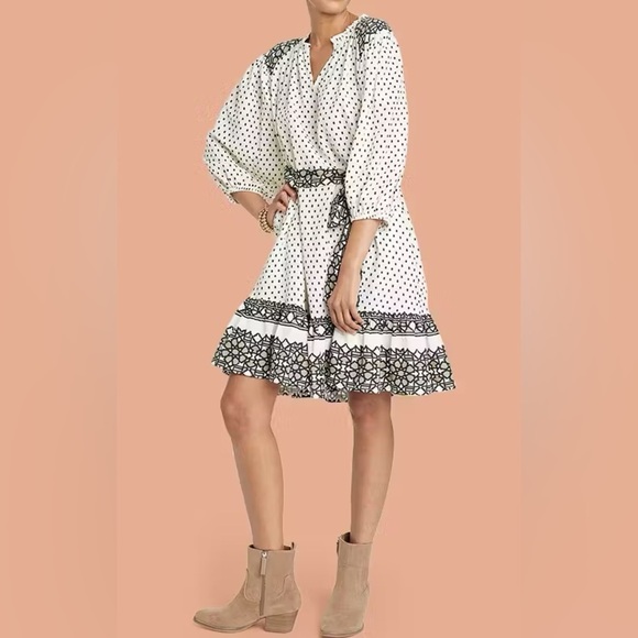 KNOX ROSE A-Line Dress Cream Polka Dots Pockets Ruffle Size Medium NEW - Picture 1 of 14